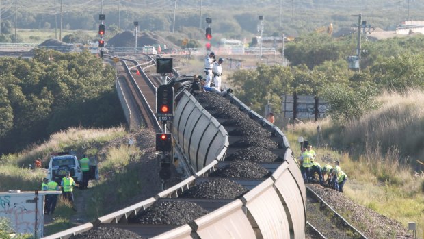 Protesters attempting to block the first test trainload of coal coming from the Maules Creek mine on its way to Newcastle.