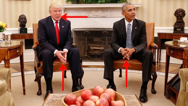 Indications of body language cues in the first meeting between Donald Trump and Barack Obama.