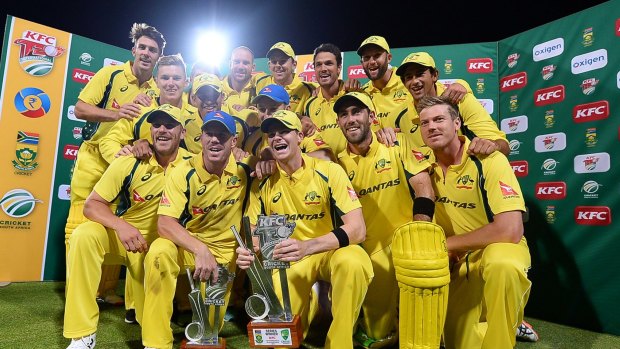 Big boost: Australia celebrate their T20 series win over the Proteas.