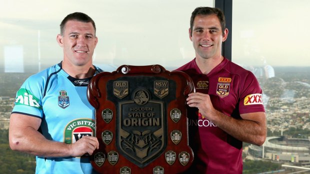 Rival captains Paul Gallen and Cameron Smith at the state-of-origin series launch in Melbourne.