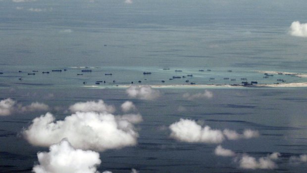 Land reclamation of Mischief Reef in the Spratly Islands in the South China Sea.