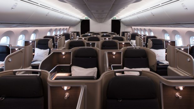 The Qantas Dreamliner business class cabin. The plane will fly 17 hours from Perth to London non-stop.