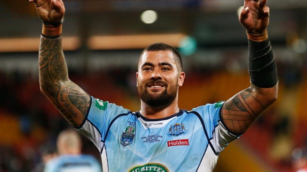 All smiles: Andrew Fifita enjoys himself during Wednesday’s big win over Queensland. 