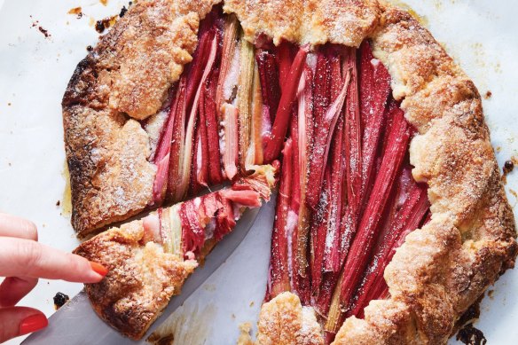 Rhubarb-almond galette from Dining In by Alison Roman, published by Hardie Grant Books RRP $48.