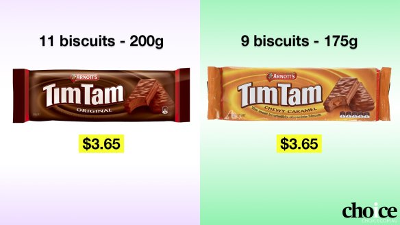 Arnott’s Chewy Caramel Tim Tams packages contain nine biscuits, while Originals contain 11.
