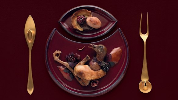 Roasted myna with sweet pickled blackberry jus and parfait tarte tatin.