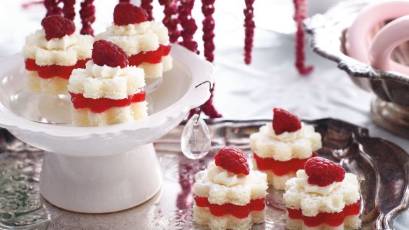 Trifle-ish mini sponges with a layer of raspberry jelly <a href="https://www.goodfood.com.au/recipes/raspberry-cream-sponge-petits-fours-20131031-2wny1"><b>(Recipe here)</b></a>.