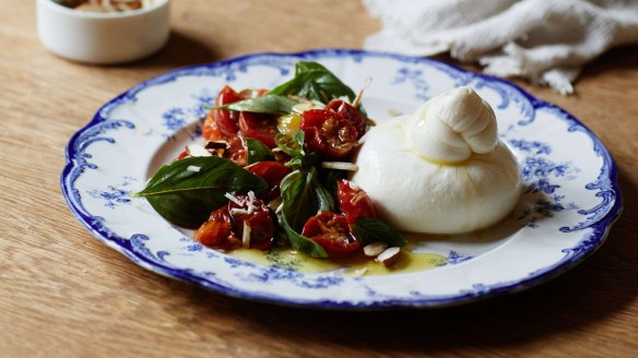 Julia Busuttil Nishimura's burrata with roasted cherry tomato and basil.