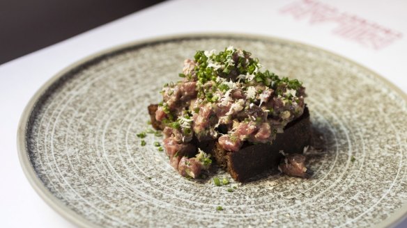 Raw beef on dripping toast, featuring hand-chopped Cape Grim topside.