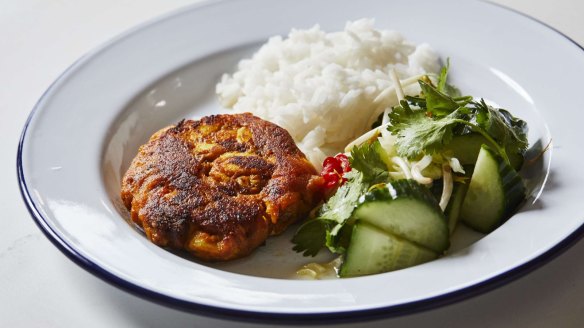 Turmeric fishcakes with cucumber salad and nuoc mam. 