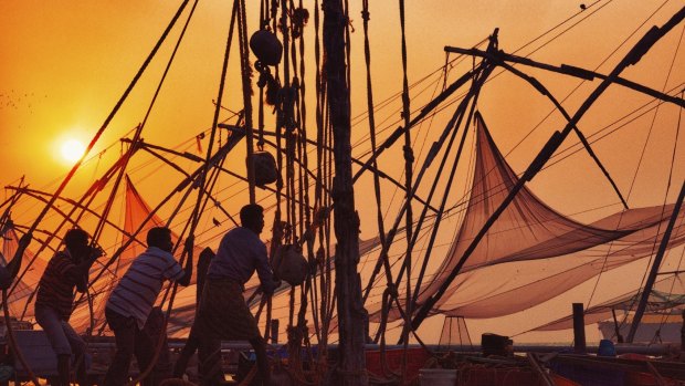 A group of men hauling in a Chinese fishing net at sunset in Kochi, India.
