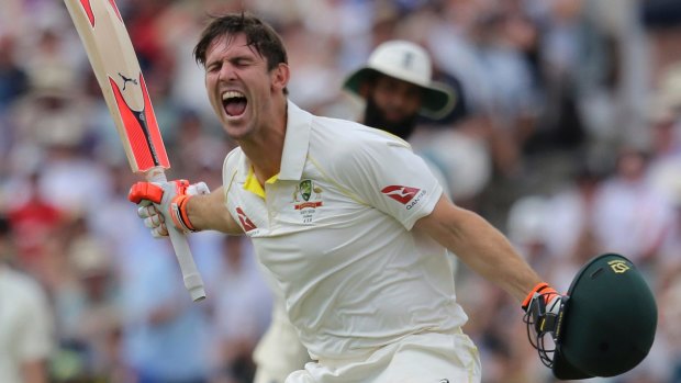 Breakthrough: Mitchell Marsh roars with delight after positing his ton.