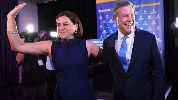 Queensland Opposition Leader Tim Nicholls with deputy opposition leader Deb Frecklington on Saturday night.