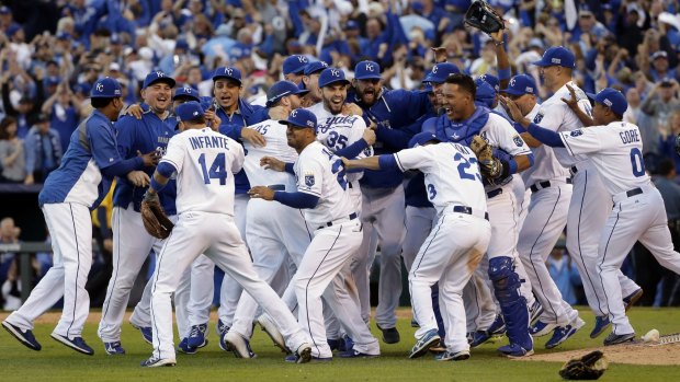 Royals players celebrate after the win.