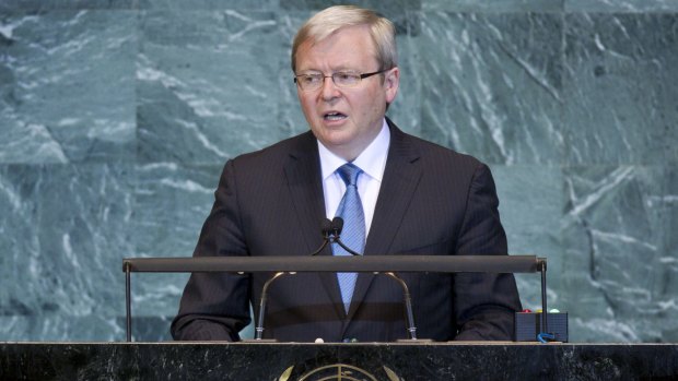 Kevin Rudd, who won't be nominated for the position of secretary-general of the  United Nations, addresses the General Assembly in 2009.