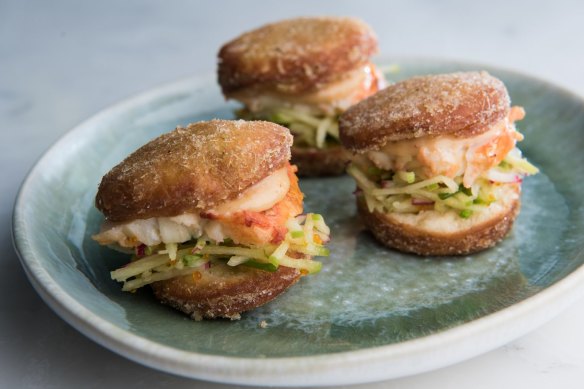 Sweet and savoury: mini doughnuts filled with rock lobster, tom yum mayonnaise and sweetcorn and lemongrass salt. 