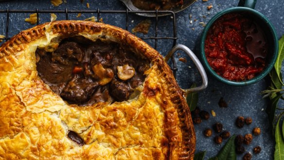 Slow-cooked kangaroo pie with bush tomato sauce.