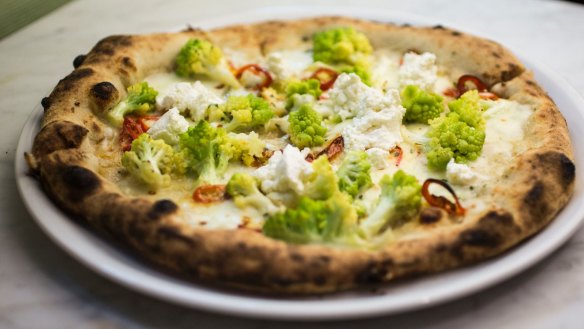 Romanesco, chilli and ricotta pizza.