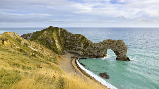 Durdle Door in Dorset on the south coast of England. This part of England is known as the Jurassic Coast.