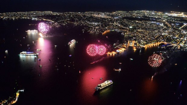 Fireworks light up Sydney Harbour as part of the P&O Five Ship Spectacular.