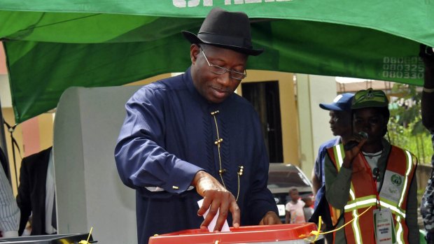 Nigerian President Goodluck Jonathan casts his ballot in Otuoke on Saturday.