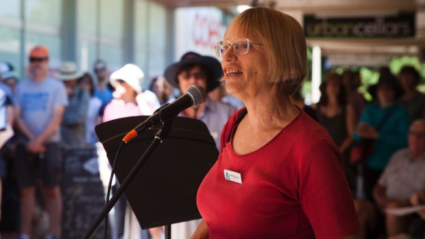 Greens MLA Caroline Le Couteur adresses protesters at Curtin Square. 