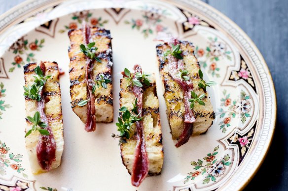 Anchovy montadito aka sourdough soldiers with anchovies.