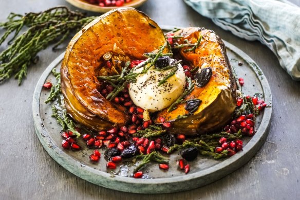 Roasted pumpkin with black garlic, samphire and burrata