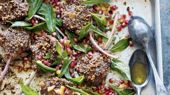 Dukkah lamb cutlets with mint and pomegranate salad.