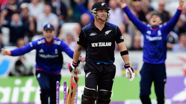 New Zealand batsman Brendon McCullum is bowled by Steven Finn in the final ODI against England.