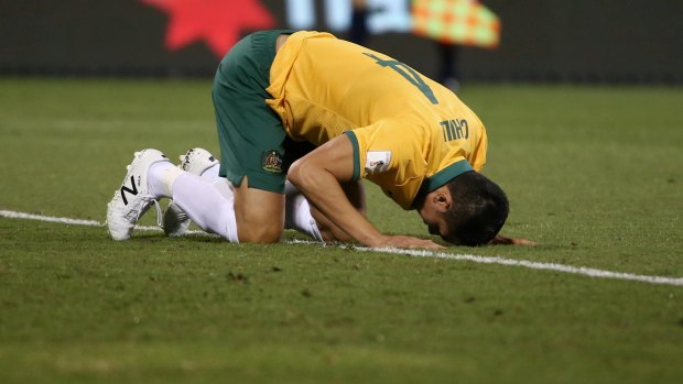 Tim Cahill after a missed opportunity against Kyrgyzstan.
