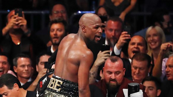 Floyd Mayweather celebrates his victory.