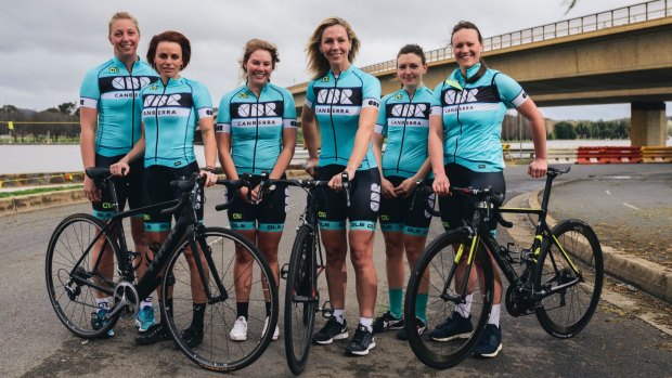 The CBR women's cycling team (left-right) Alice Wallett, Em Viotto, Ayla Rudgley, Belinda Chamberlain, Rebecca Stephens and Georgina von Marburg, who will all compete in the National Capital Tour this weekend.