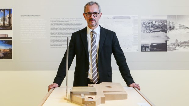 Michael Brand, director of the Art Gallery of NSW, with designs on display for the Sydney Modern project. 