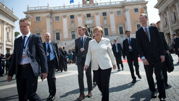 German Chancellor Angela Merkel (centre) in Rome on Saturday for the 60th anniversary of the signing of the treaties that created the European Economic Community and the European Atomic Energy Community – the first major structural steps towards the formation of the European Union.