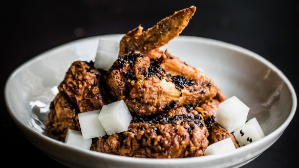 Back in town: Shrimp-brined fried chicken.