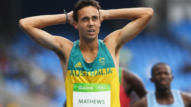 Australian Luke Mathews reacts after his disappointing performance at the 800m.