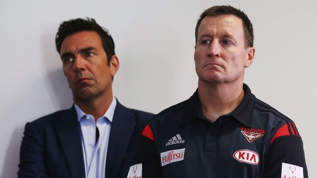 Essendon coach John Worsfold (right) during a press conference at the club on Tuesday.