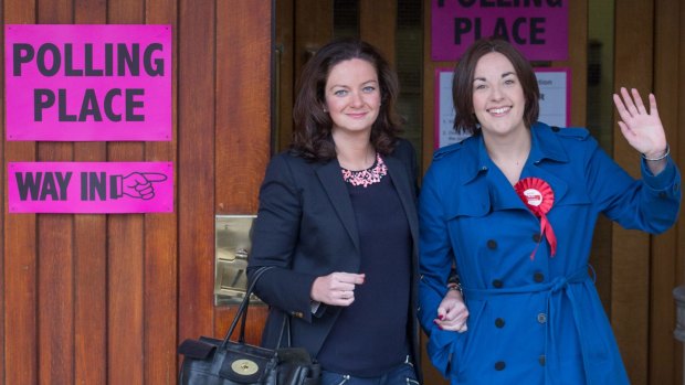 Scottish Labour Leader Kezia Dugdale (right) and her partner Louise Riddell vote in the Scottish Parliament elections in Edinburgh on Thursday. 