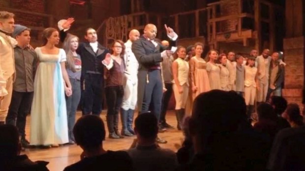 Aactor Brandon Victor Dixon who plays Aaron Burr, the third US vice-president, in <i>Hamilton</i> addresses Mike Pence after the curtain call in New York on Friday.