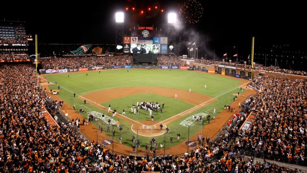 The San Francisco Giants celebrate after defeating the St. Louis Cardinals 6-3 during Game Five of the National League Championship Series at AT&T Park.