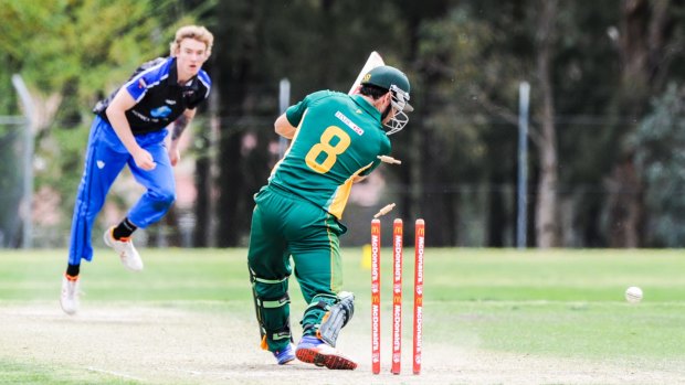 WCM's Harry Medhurst is bowled by Queanbeyan's Tyler Van Luin at Stirling Oval on Sunday.
