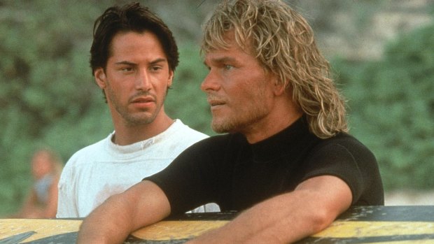 Keanu Reeves and Patrick Swayze in <i>Point Break</i>, Kathryn Bigelow's 1991 film about surfing.