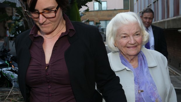 Marcia Benaud leaves court after a settlement of Richie Benaud's estate.