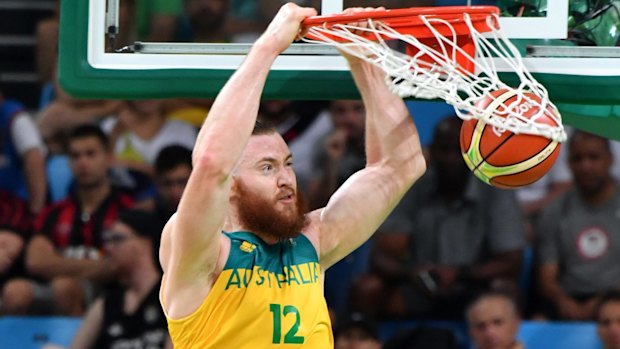 Aron Baynes scores for Australia.