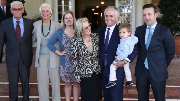 Prime Minister Malcolm Turnbull with daughter Daisy and Lucy Turnbull at his swearing in.