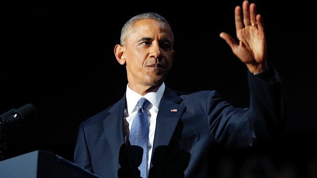 President Barack Obama waves as he speaks during his farewell address at McCormick Place in Chicago.