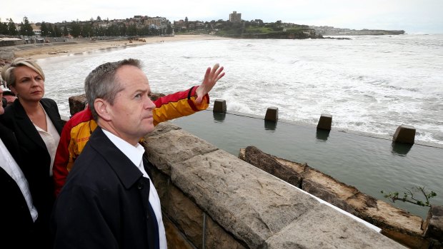 Opposition Leader Bill Shorten and Deputy Deputy Opposition Leader Tanya Plibersek tour the storm affected Coogee Surf Life Saving Club.