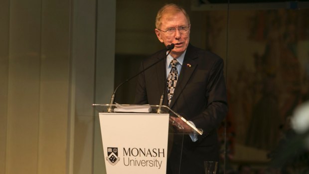 Former High Court justice Michael Kirby delivers the 2017 Richard Larkins Oration at Melbourne's Myer Mural Hall on October 4.