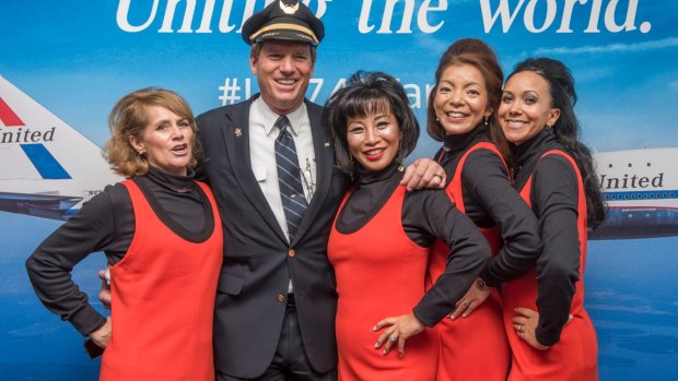 United Airlines' crew donned the airlines' 70s-style uniforms for the final 747 flight.